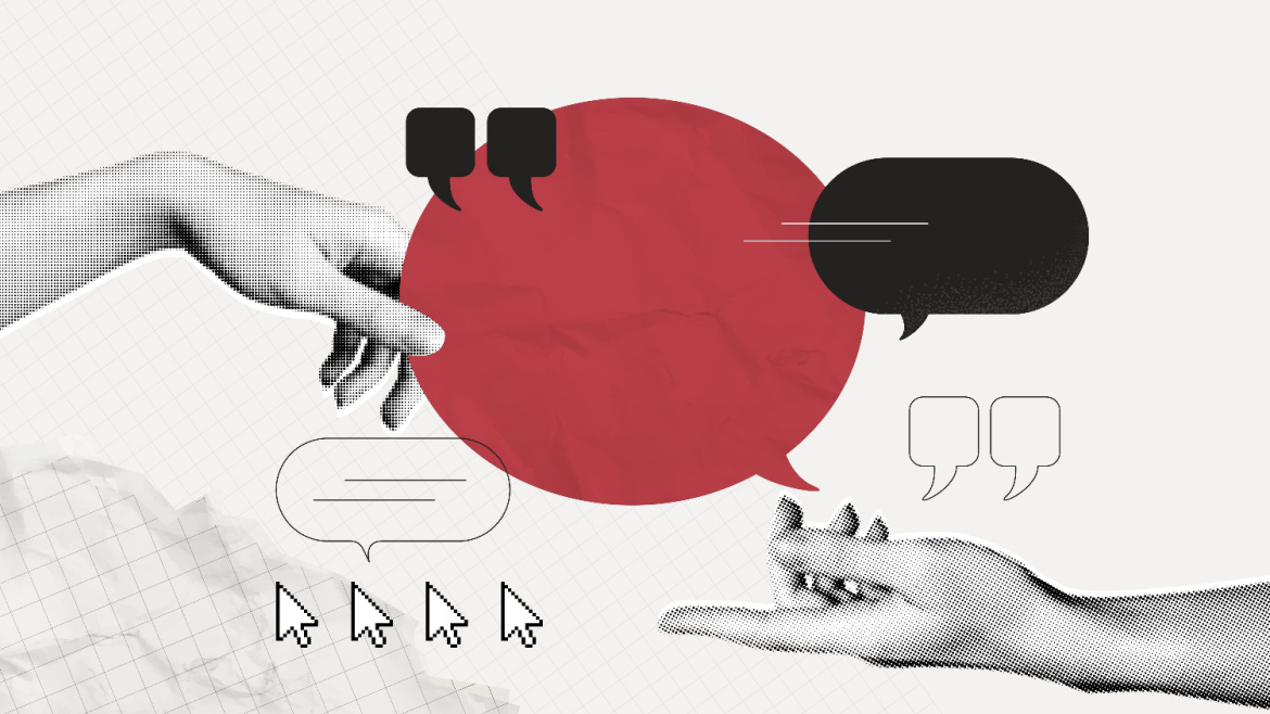 Collage with hands holding speech bubbles based on the concept of communication.