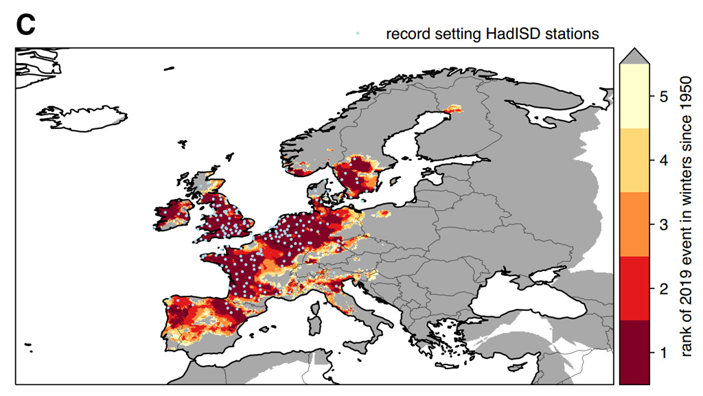 A map showing the maximum temperatures during the 2019 European winter heat wave