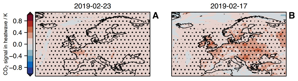 A map showing how CO2 levels influenced the intensity of the 2019 heat wave