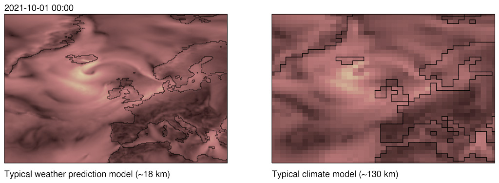 A map showing the difference in resolutions between typical weather prediction models and climate model