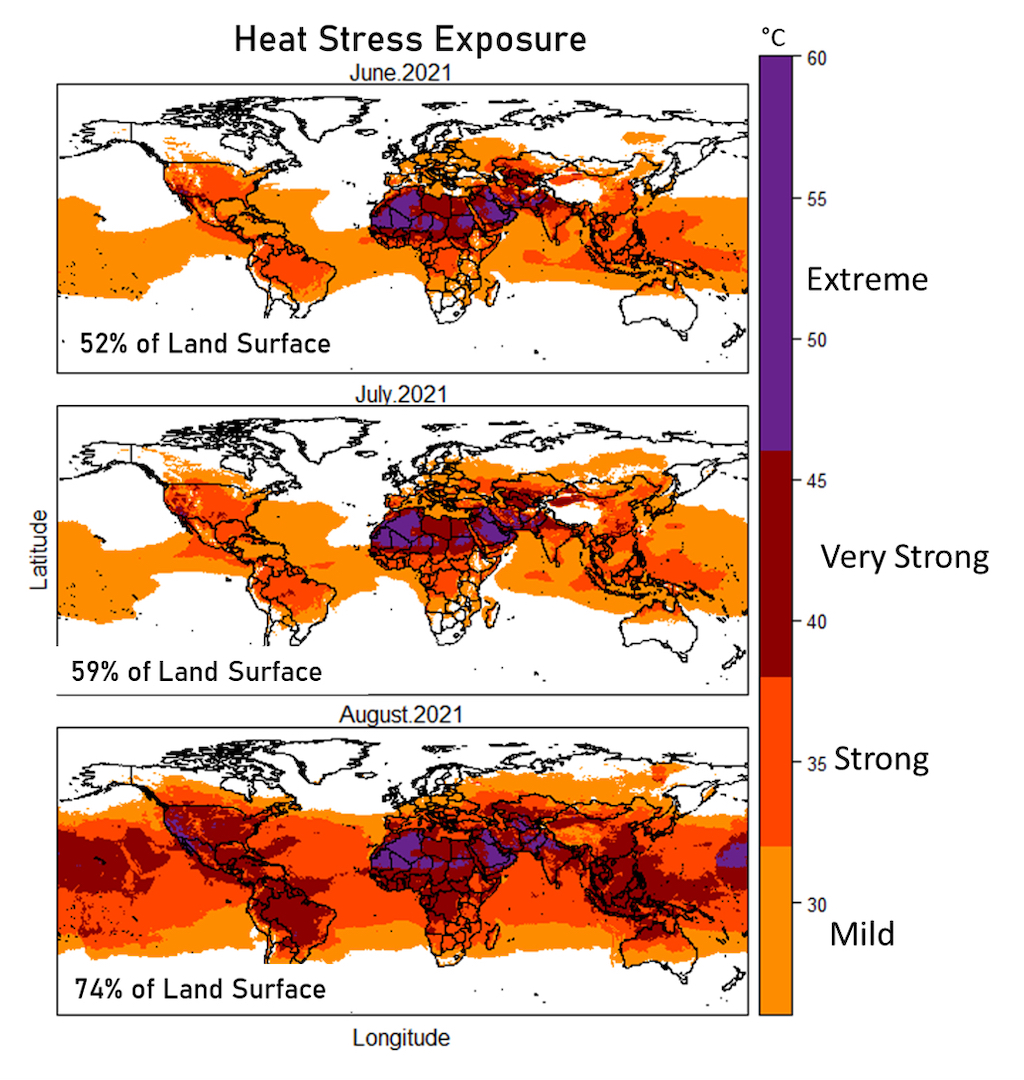 Heat stress exposure over the summer as indicated by the Universal Thermal Climate Index (UTCI) monthly mean of daily maxima. Source: Generated using Copernicus Climate Change Service information (2021).