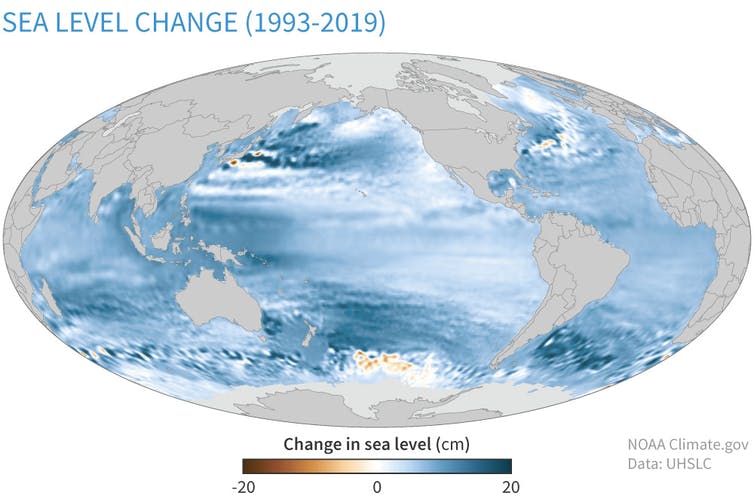 A global map showing how average sea level rose from 1993 to 2018 across the world ocean