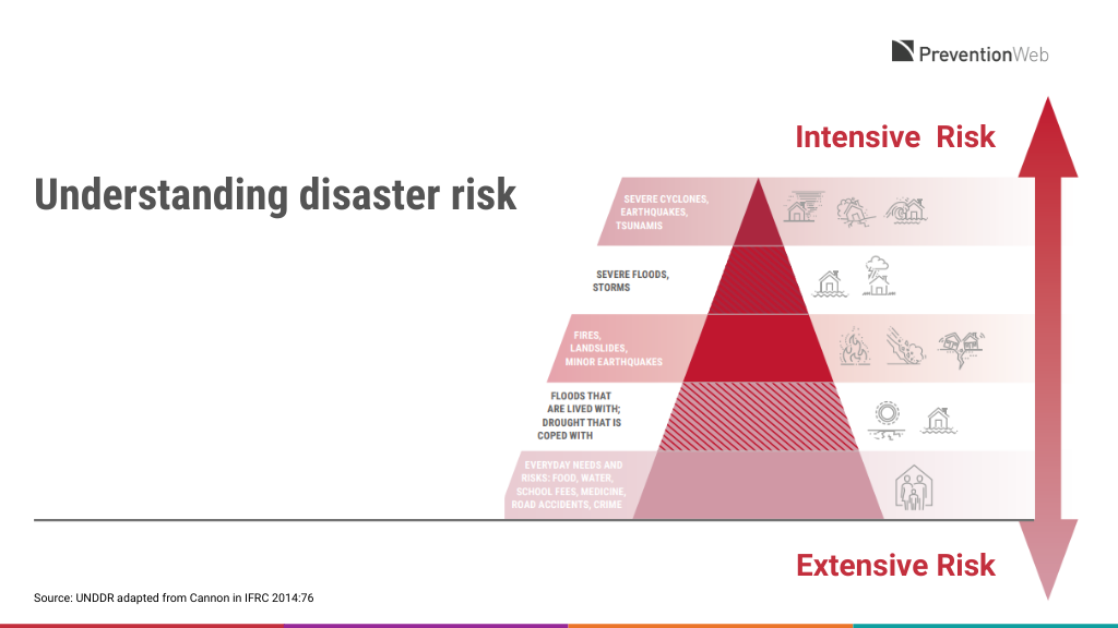 Image displaying differences between extensive and intensive risk through examples of disasters