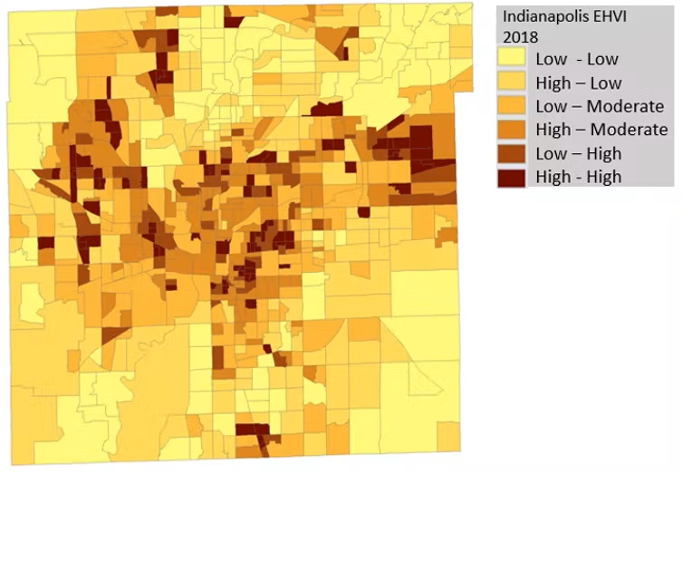 An extreme heat vulnerability index highlighting areas that are more likely to experience heat-related illnesses and deaths