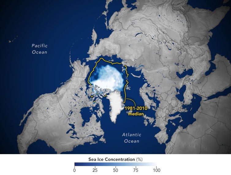 A map showing the extent of Arctic sea ice on Sept. 16, 2021.