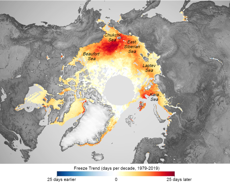 A map showing the changes in freezing trends in Arctic ice