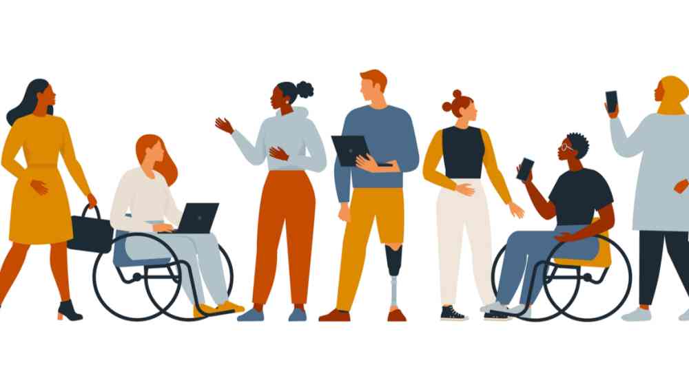 This vector graphic shows a diverse group of people, entrepreneurs, and office workers with different skin colors, genders, and disabilities.