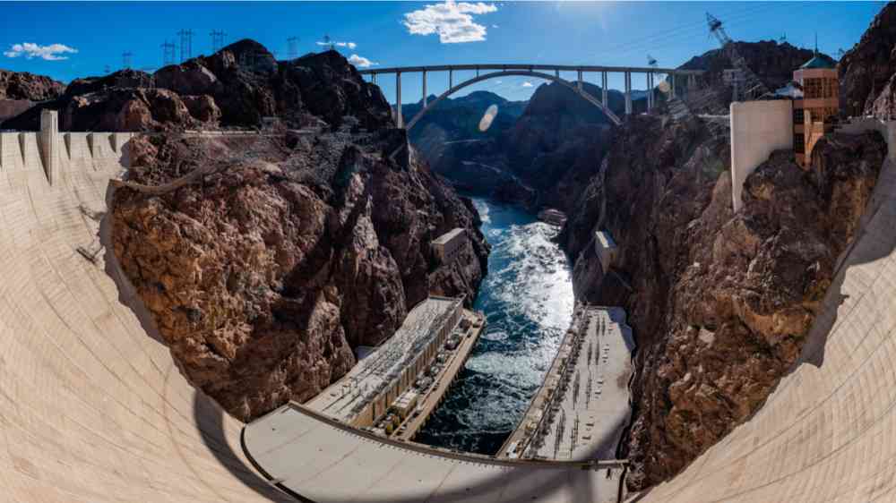 Panoramic view of Hoover Dam and Mike O'Callaghan - Pat Tillman Memorial Bridge between Arizona and Nevada over Colorado River, USA