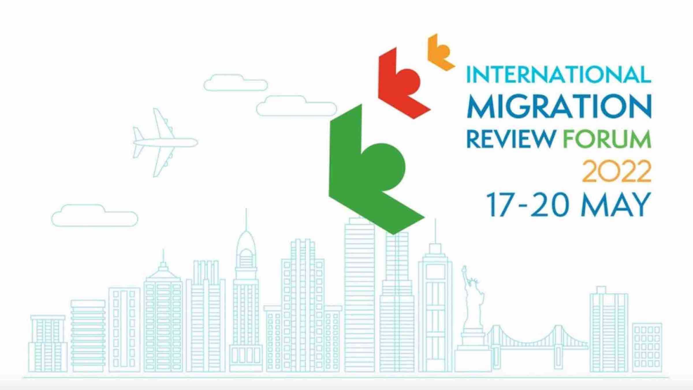 Logo of the International Migration Review Forum 2022: stylized New York City skyline