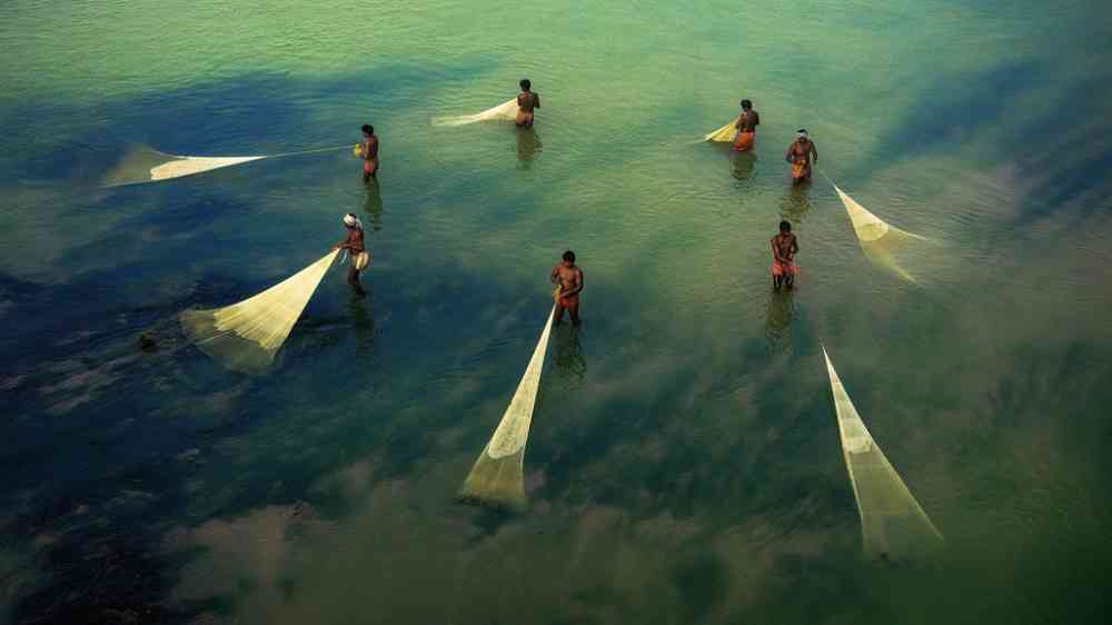 A group of fishermen hauling in their fishing nets.