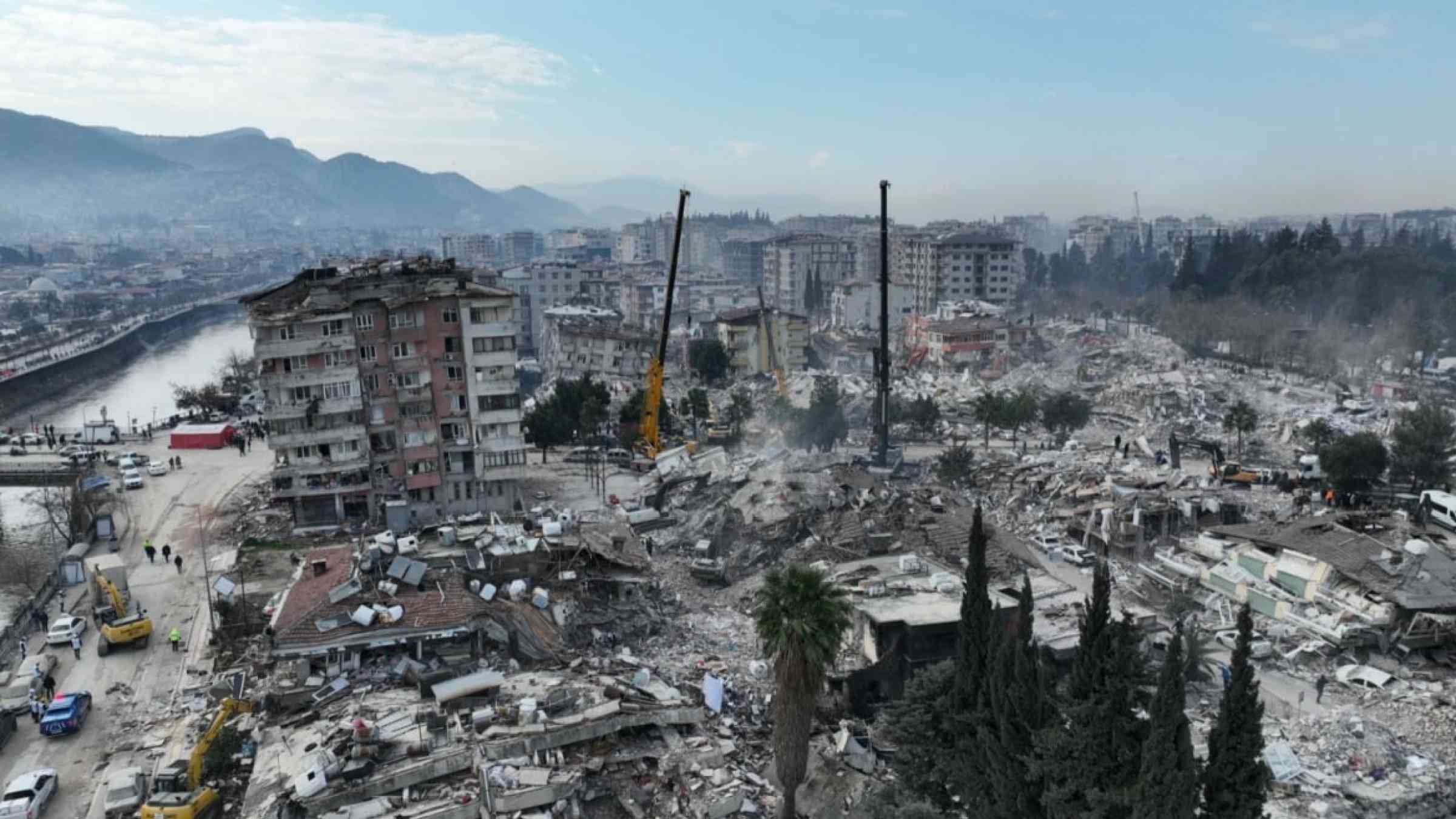 Azerbaijani soldiers take part in search and rescue efforts after 7.7 and 7.6 magnitude earthquakes hit Kahramanmaras, Turkiye on February 10, 2023.