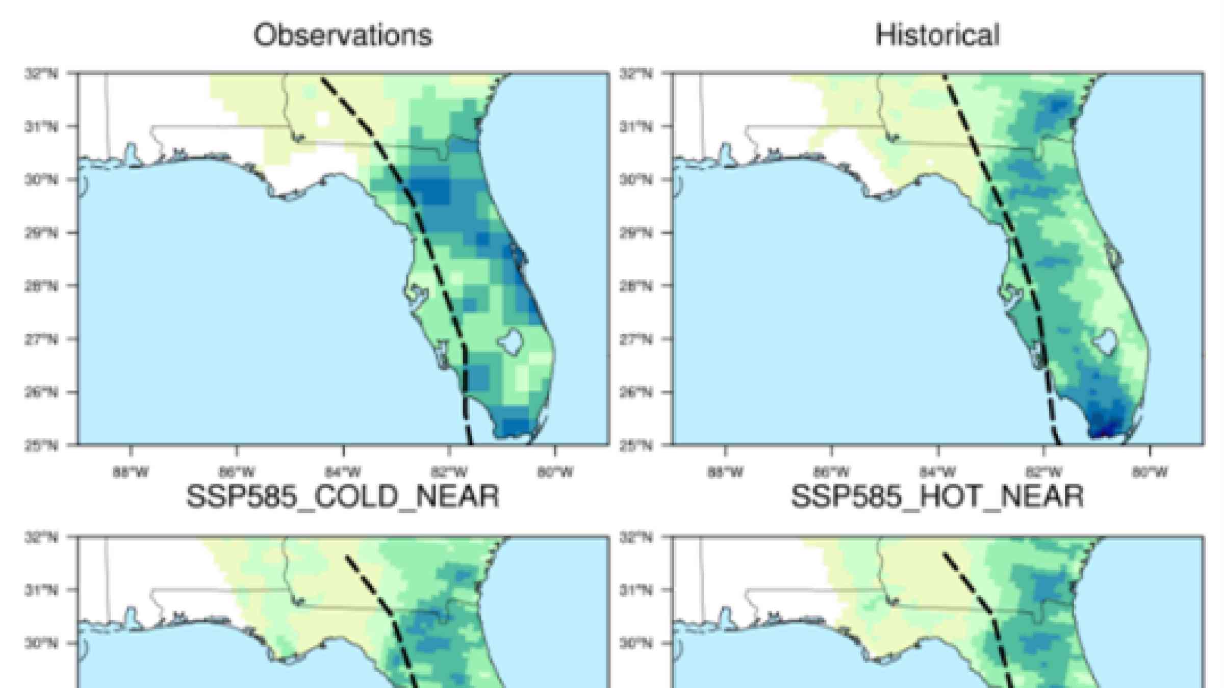 A TGW simulation shows precipitation due to Hurricane Irma under four future scenarios