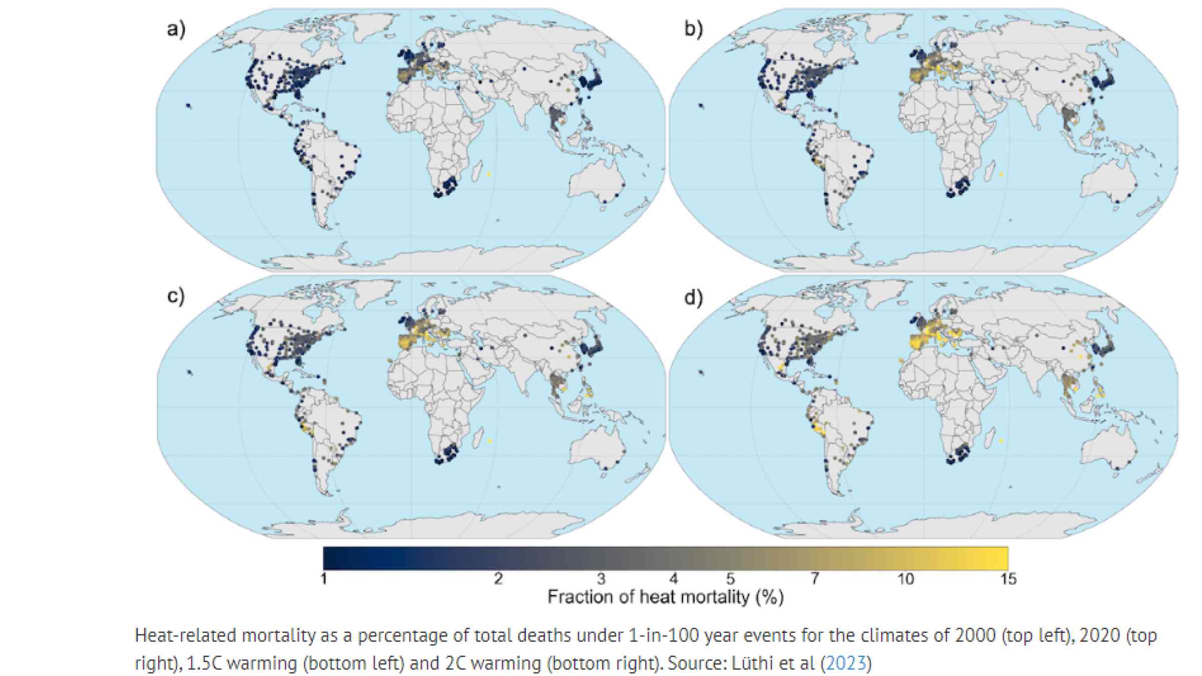 Heat-related mortality as a percentage of total deaths under 1-in-100 year events for the climates of 2000 (top left), 2020 (top right), 1.5C warming (bottom left) and 2C warming (bottom right).