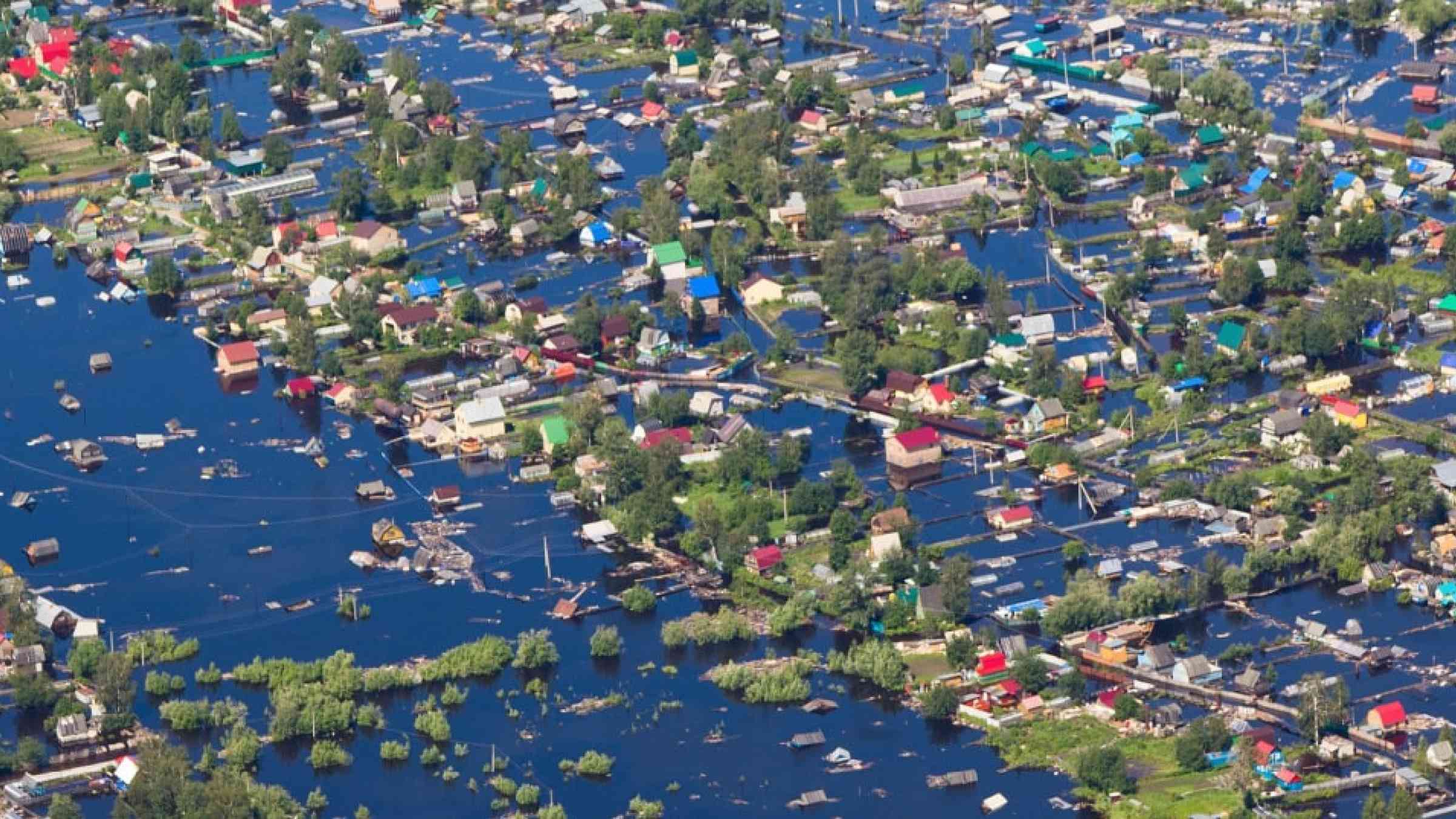 Aerial view of the residential area of the suburb of Nizhnevartovsk during the flood of 2015 in Russia