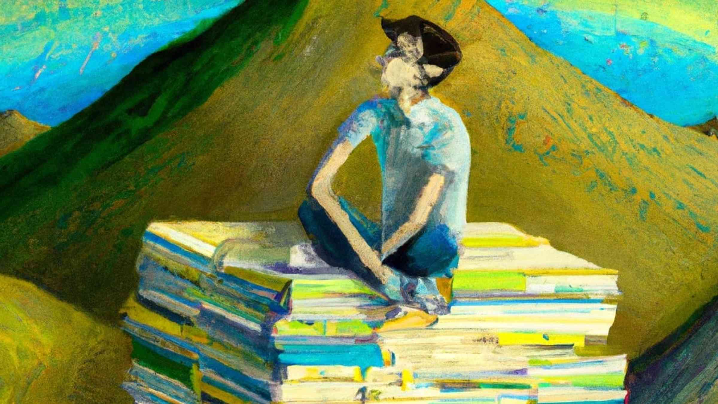 Surreal artistic image of a smiling high school student sitting a mountain of books thinking.