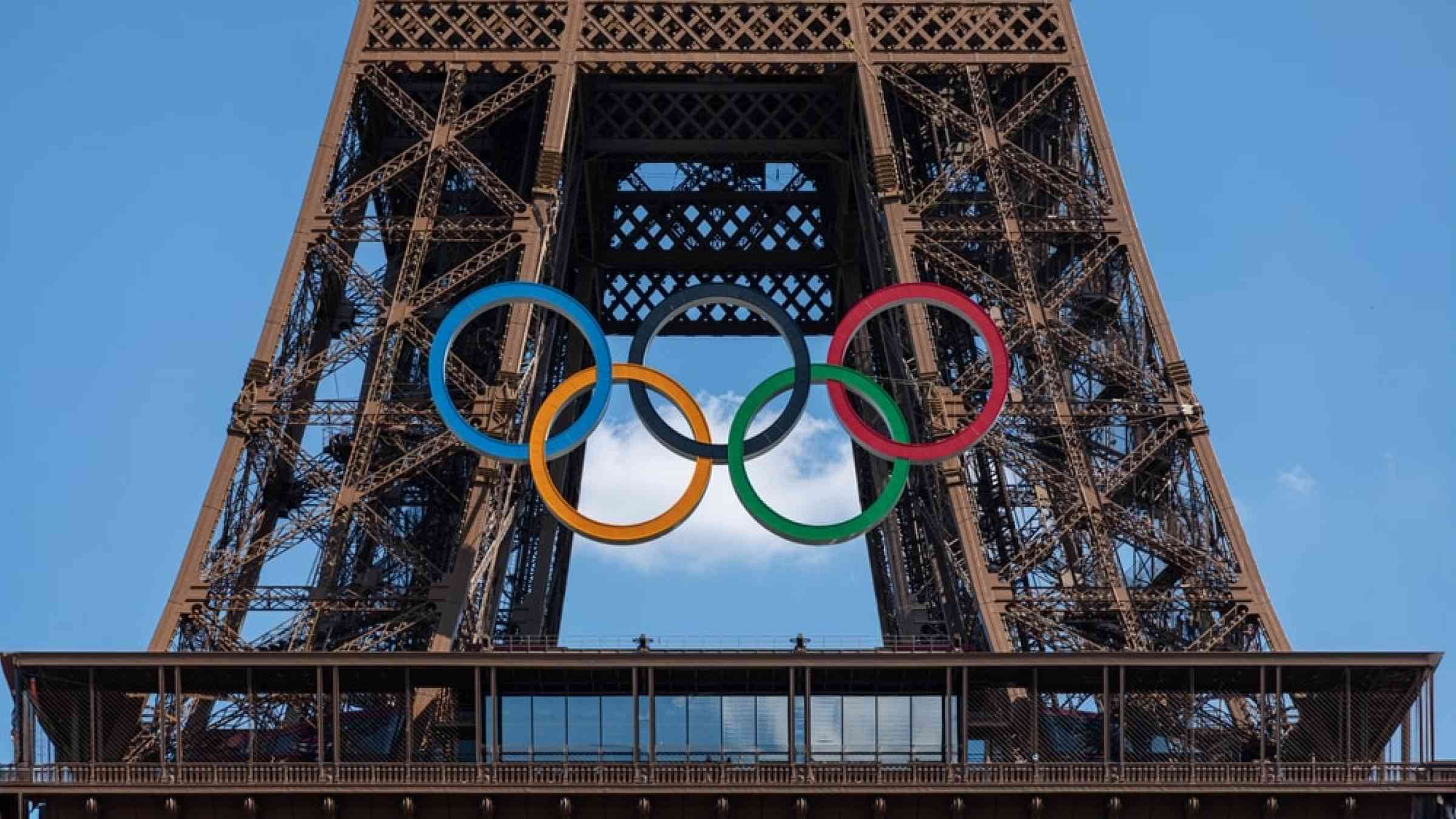 The Olympic Rings installed on the Eiffel Tower ahead of the Paris 2024 Olympic Games.