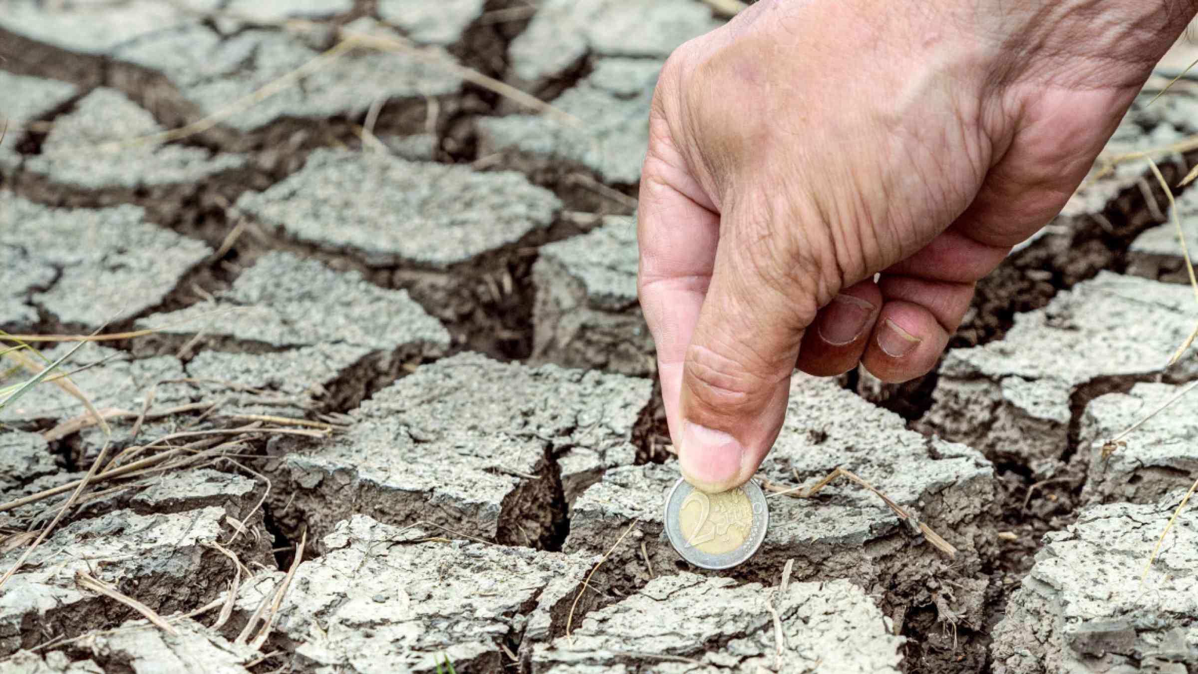 A hand puts a two-euro coin in the dried up ground