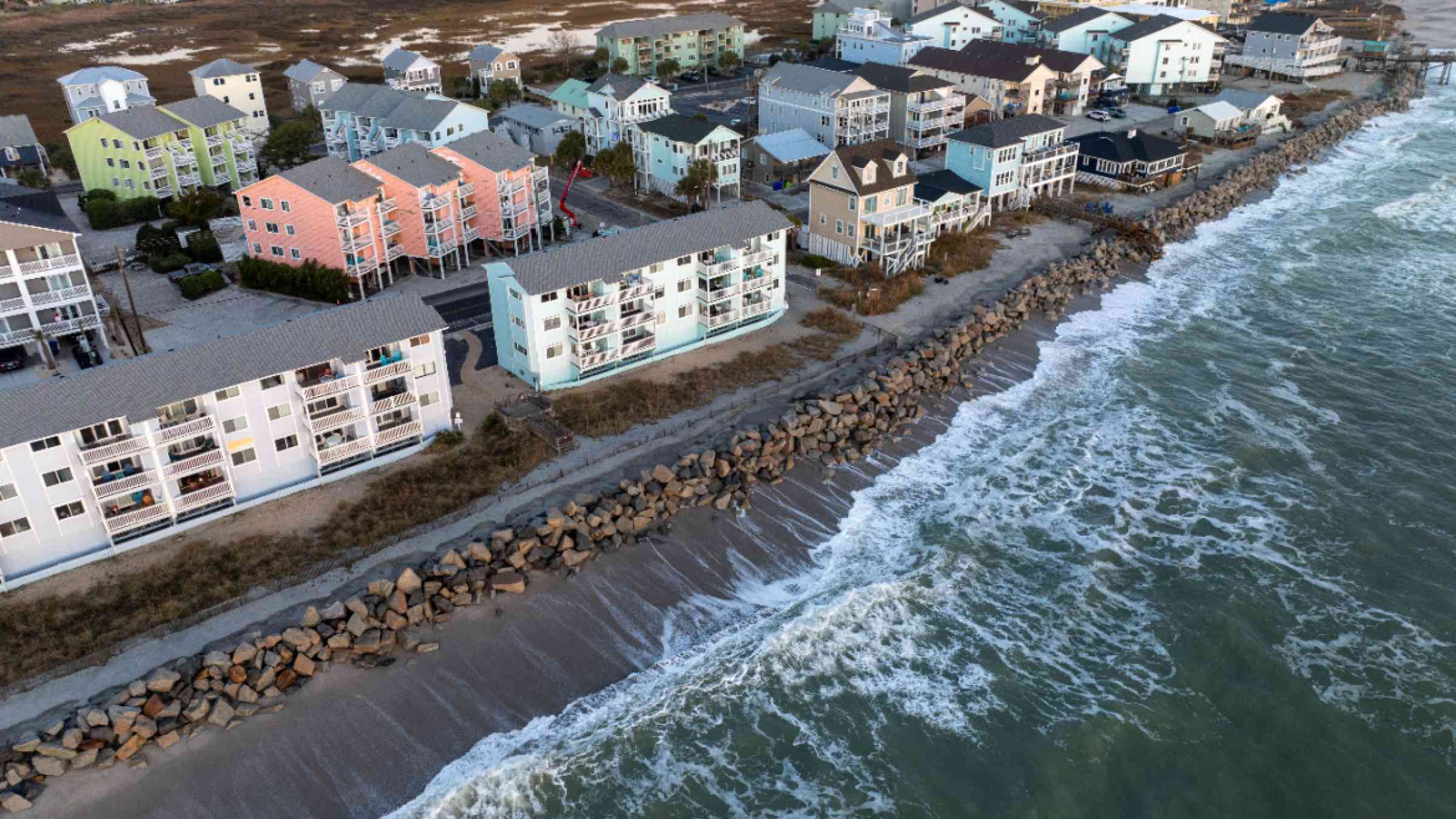 Coastal homes in Carolina Beach, NC, USA facing the Atlantic Ocean.