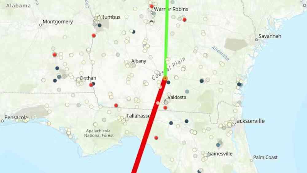 A map shoing industrial facilities in the Southeastern United States that are within the track of Hurricane Helene