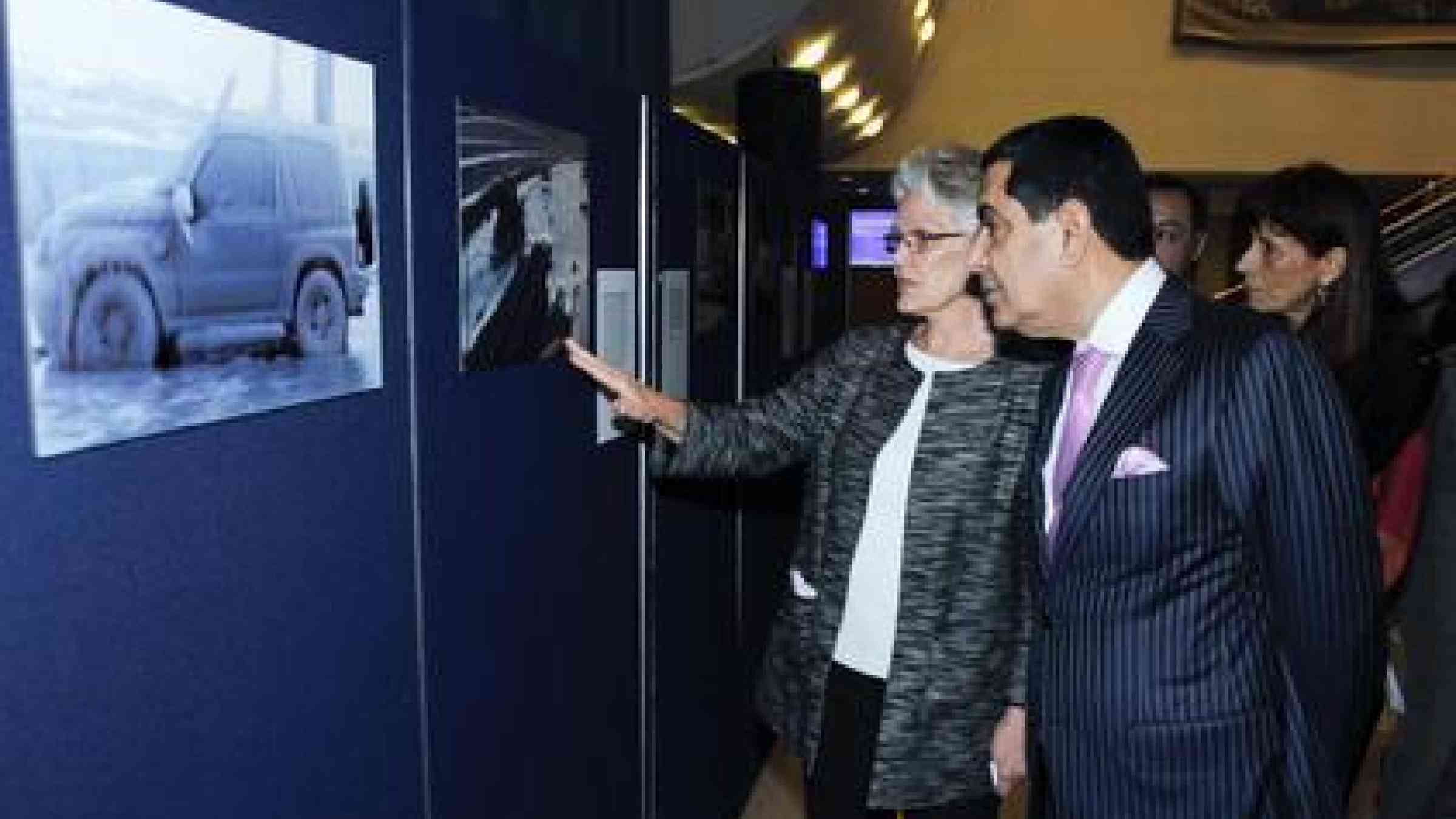 H.E Mr Nassir Abdulaziz Al-Nasser, President of the 66th Session of the UN General Assembly, with the Special Representative of the Secretary-General for Disaster Risk Reduction, Ms Margareta Wahlström, at the opening of the exhibition 'Saving the Day After Tomorrow: Accelerating sustainable development through disaster risk reduction' (UN Photo / Paulo Filgueiras)