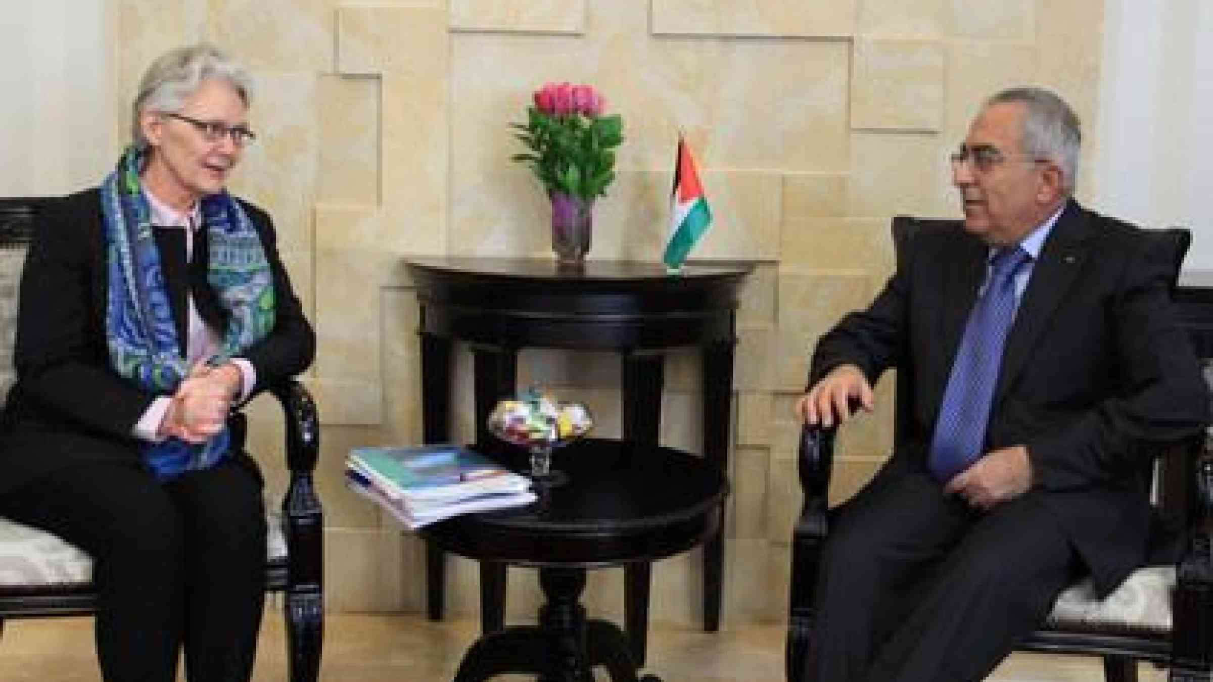 UN Special Representative for Disaster Risk Reduction Margareta Wahlström who met today with Palestinian Prime Minister Salam Fayyad at a start of a week-long visit.