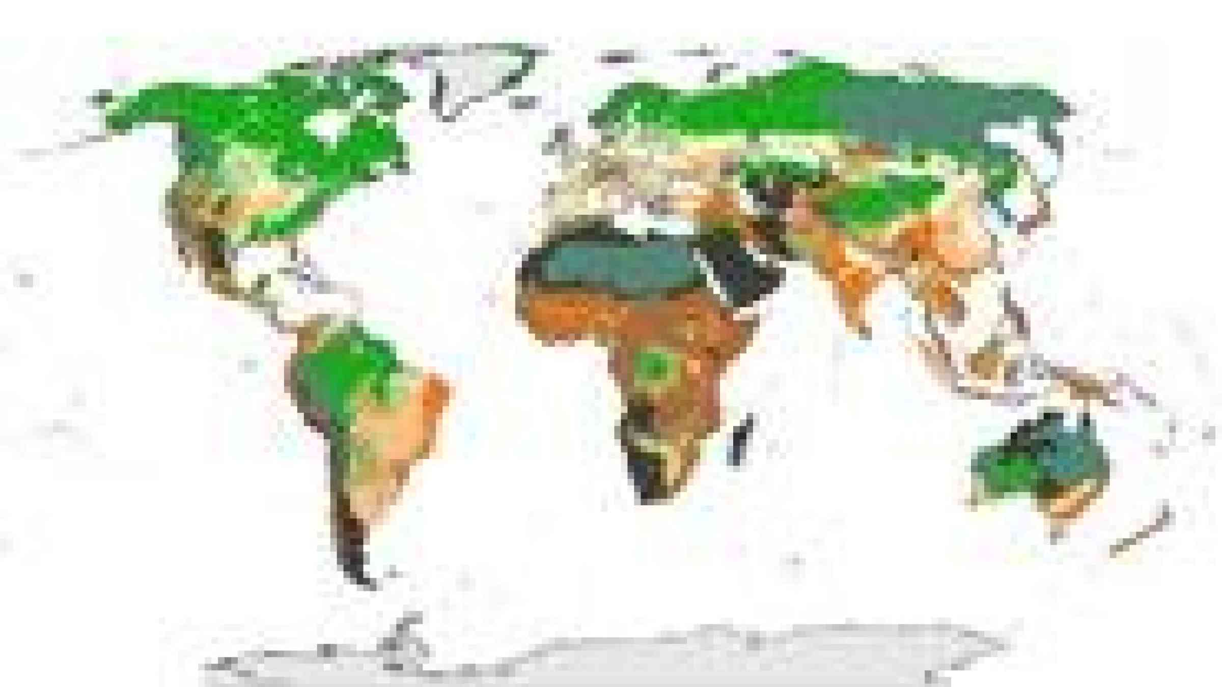 The map illustrates the global distribution of the climate stability/ecoregional intactness relationship. Ecoregions with both high climate stability and vegetation intactness are dark grey. Ecoregions with high climate stability but low levels of vegetation intactness are dark orange. Ecoregions with low climate stability but high vegetation intactness are dark green. Ecoregions that have both low climate stability and low levels of vegetation intactness are pale cream. (Credit: WCS)