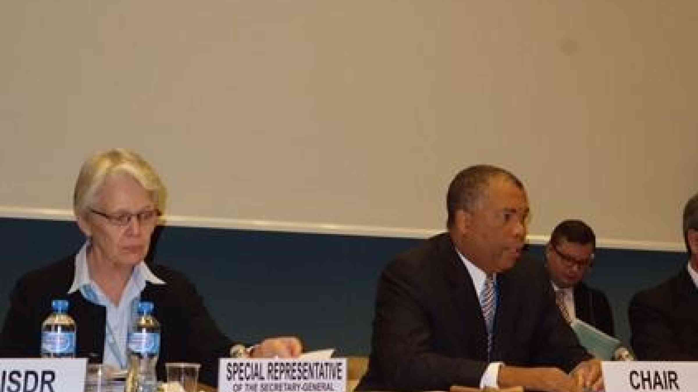 Caption: The head of UNISDR, Margareta Wahlström, and the Chair of the Working Group on the Sendai Framework Indicators, Ambassador Wayne McCook of Jamaica (Photo: UNISDR)