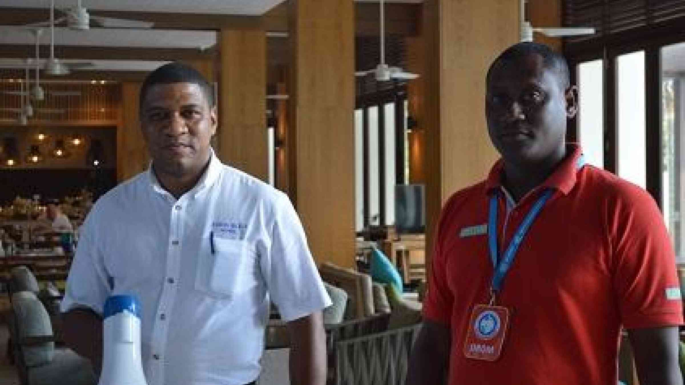 Evacuation of the Eden Bleu hotel as part of the tsunami drill in the Seychelles today under the direction of Mr. Jaime Barra, head of hotel security and safety, and Mr. Henry Moustache of the Division of Risk and Disaster Management