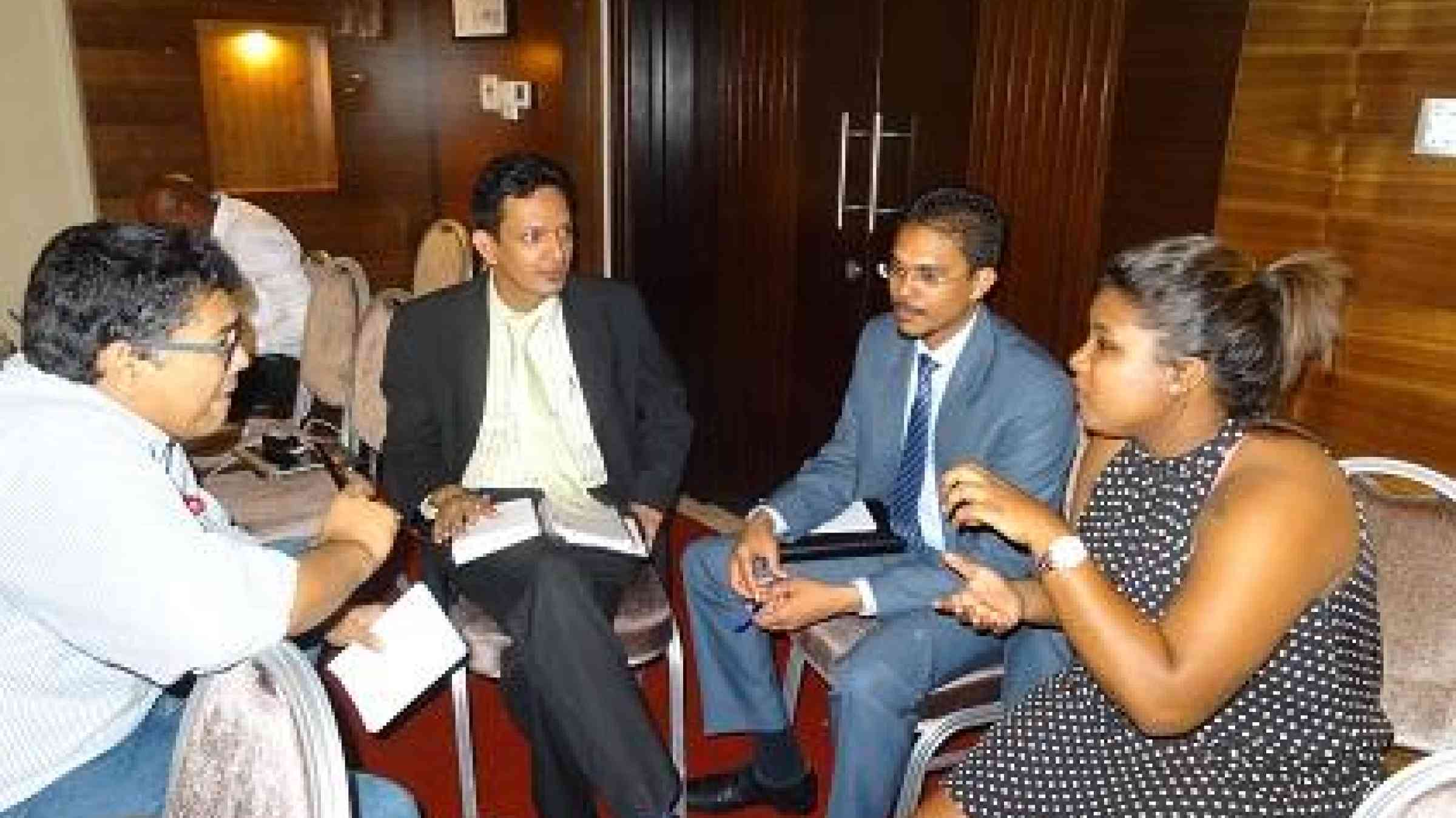 (from left) At the media workshop today in Mauritius, Mr. Ritvik Neerbijn, Mauritania Broadcasting Corporation, Mr. Jatin Dindoyal and Mr, Fabrice Chelman of Mauritius Government Information Services, and Ms.  Slviane Velvendron, Radio Plus