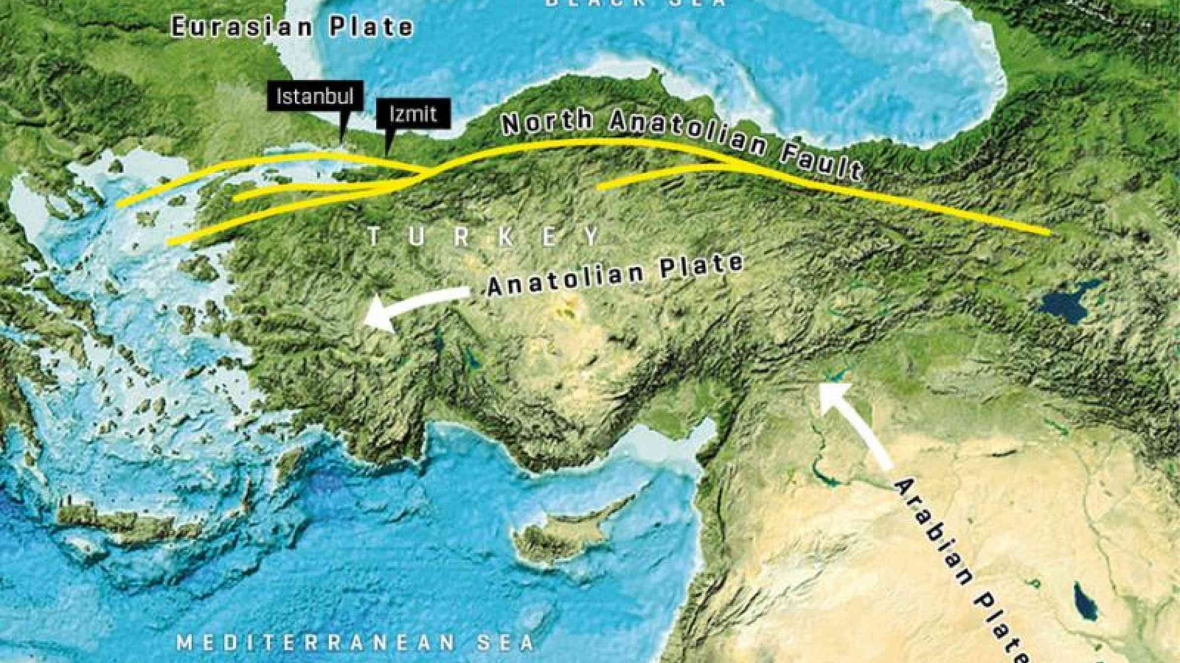 Along the North Anatolian Fault, Anatolia and the Eurasian Earth Plate push past each other. Image reproduced from the GEBCO world map 2014, www.gebco.net