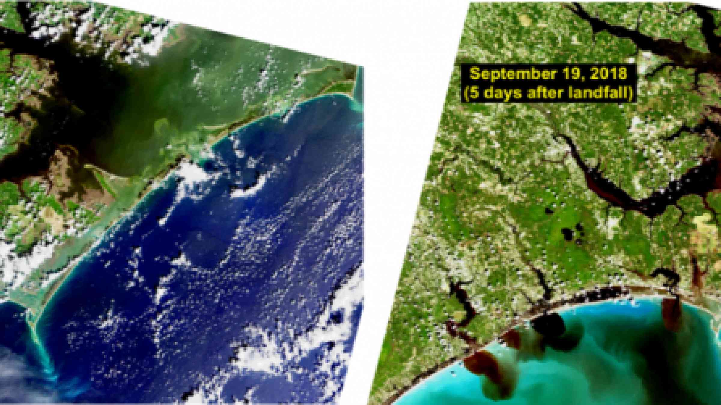 NASA/USGS Landsat satellite images of coastal North Carolina before and after the passage of Hurricane Florence on Sept. 15, 2018. Paerl, Hall, Hounshell, Luettich, Rossignol, Osburn and Bales, 2019.