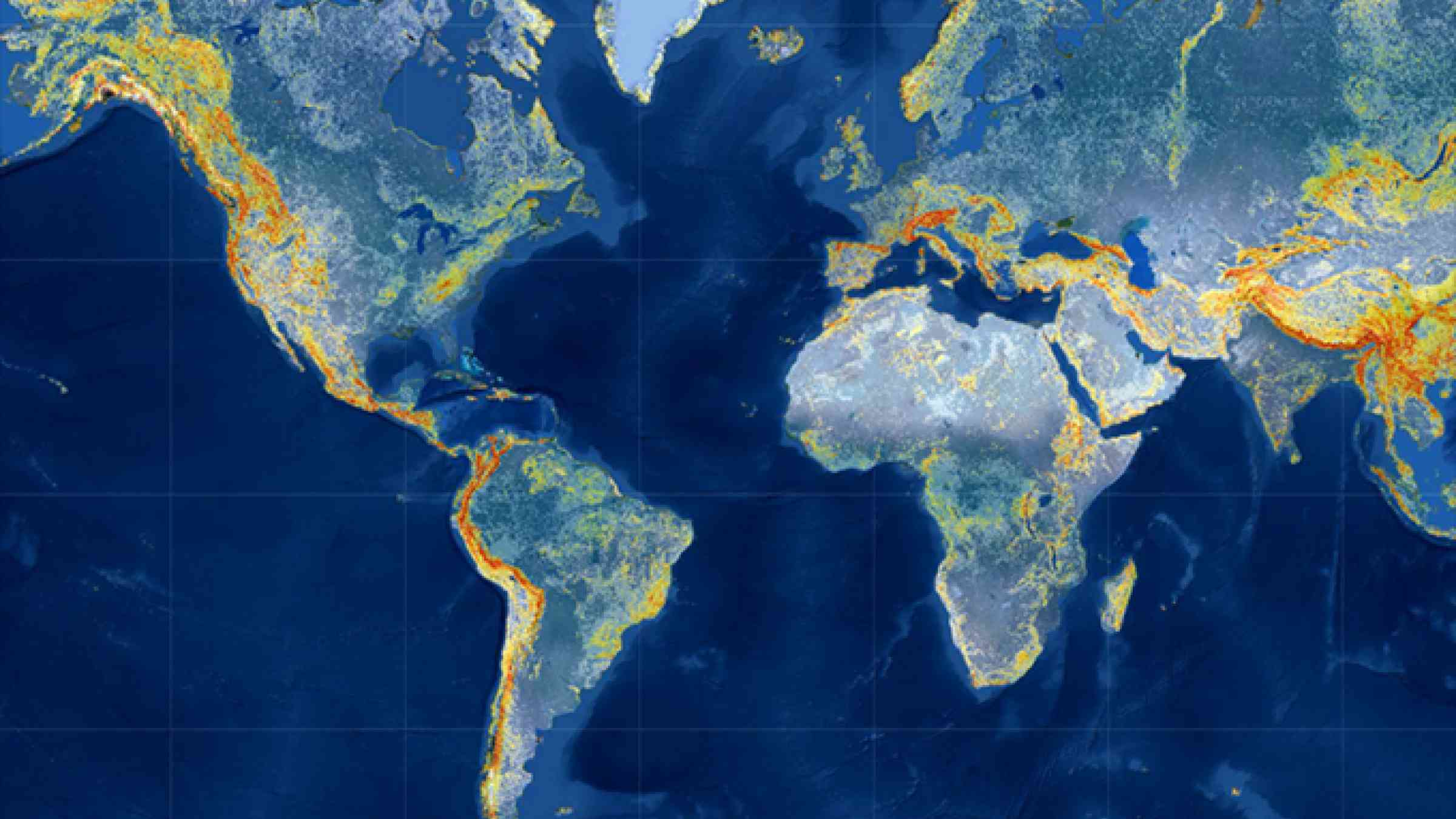 Image shows a map of potential landslide risk output by NASA’s Landslide Hazard Assessment Model (LHASA) in June 2021. Red indicates the highest risk and dark blue indicates the lowest risk. / NASA