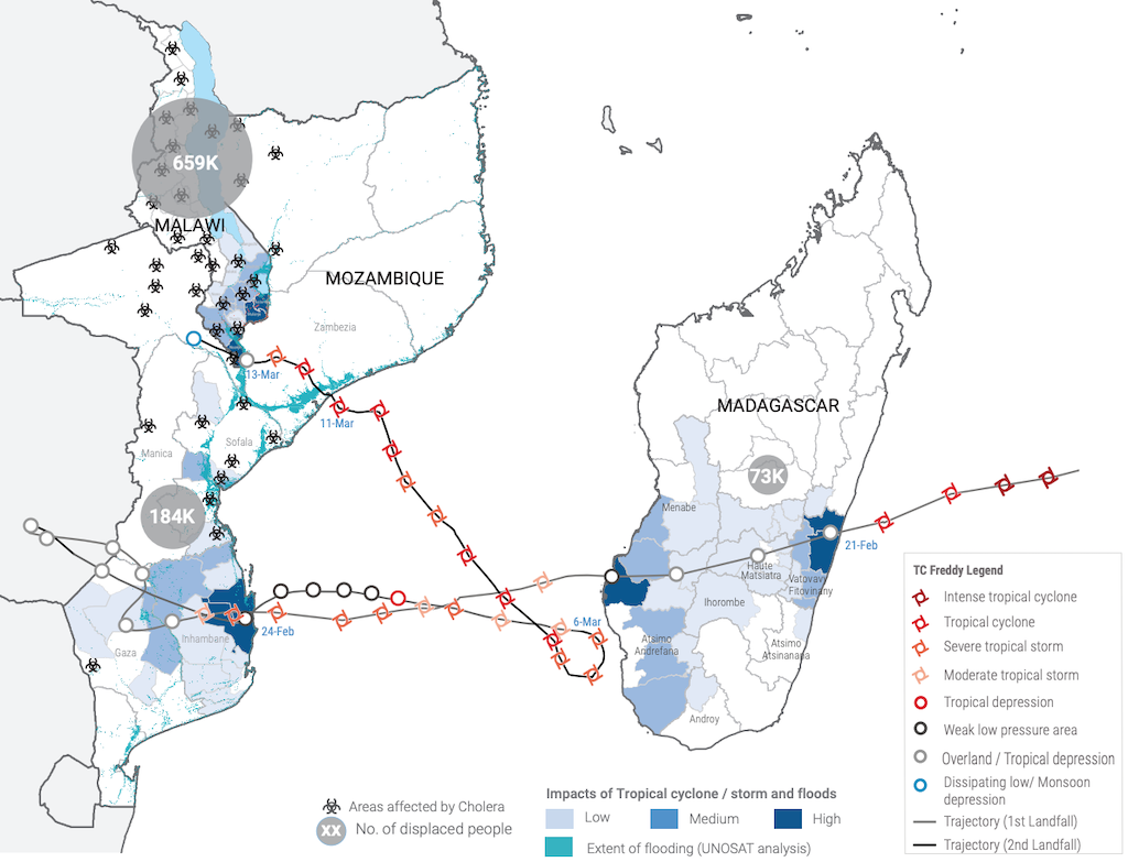 The path of Tropical Cyclone Freddy in southern Africa in February.