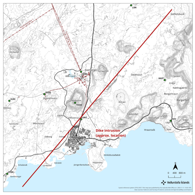 A map showing the approximate location of the dike running below Grindavík, Iceland.