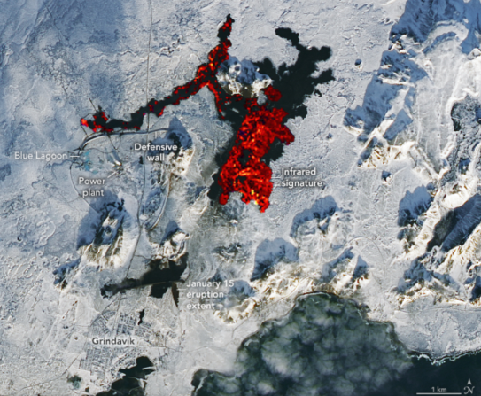 Satellite photos showing the lava emplacement from recent eruptions near Grindavík.