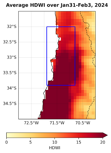 A map showing the maximum of average 4-day Hot-Dry-Windy-Index (HDWI) that occurred between January 31 to February 4, 2024 over central Chile