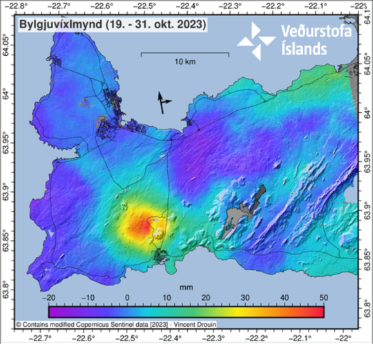A map of the ground deformation near Svartsengi in the lead-up to the December 2023 eruption. This map shows 5–6 centimeters of inflation centered northwest of Þorbjörn over a 12-day period.