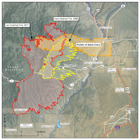 A map showing fire perimeters around Los Alamos National Laboratory for the 2000 Cerro Grande Fire and the 2011 Las Conchas Fire