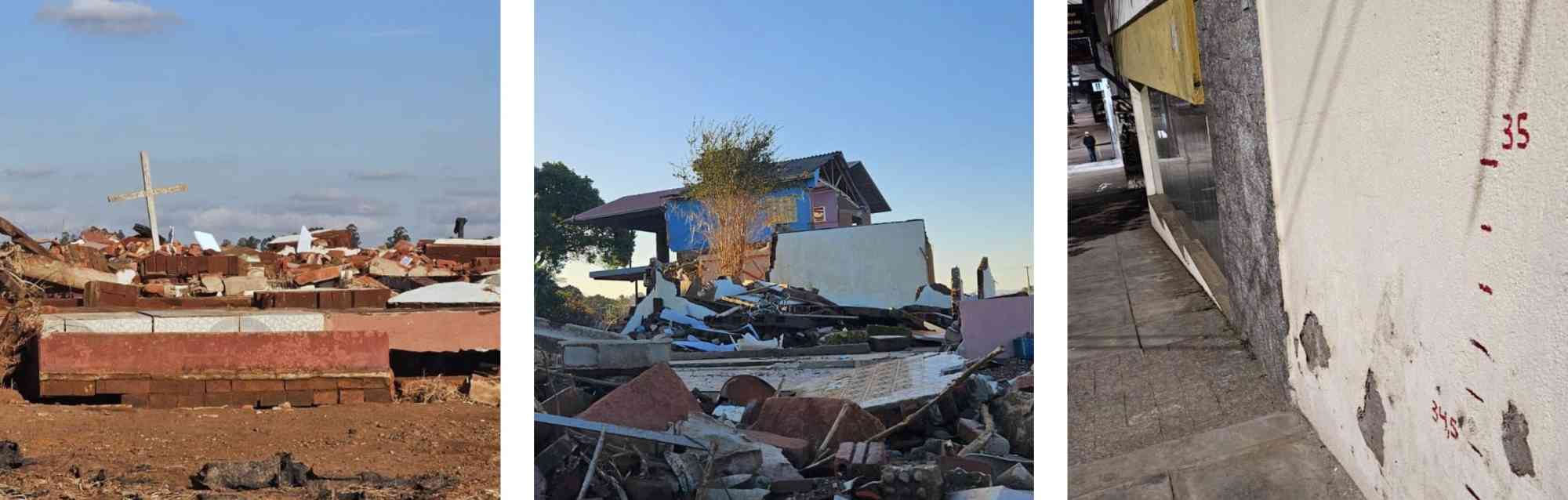 Lucas Wendt took these photos of Lajeado after the floods in May. Left to right: A white cross smeared with mud; a house left standing among the wreckage; a wall mark indicating the height of floodwaters.