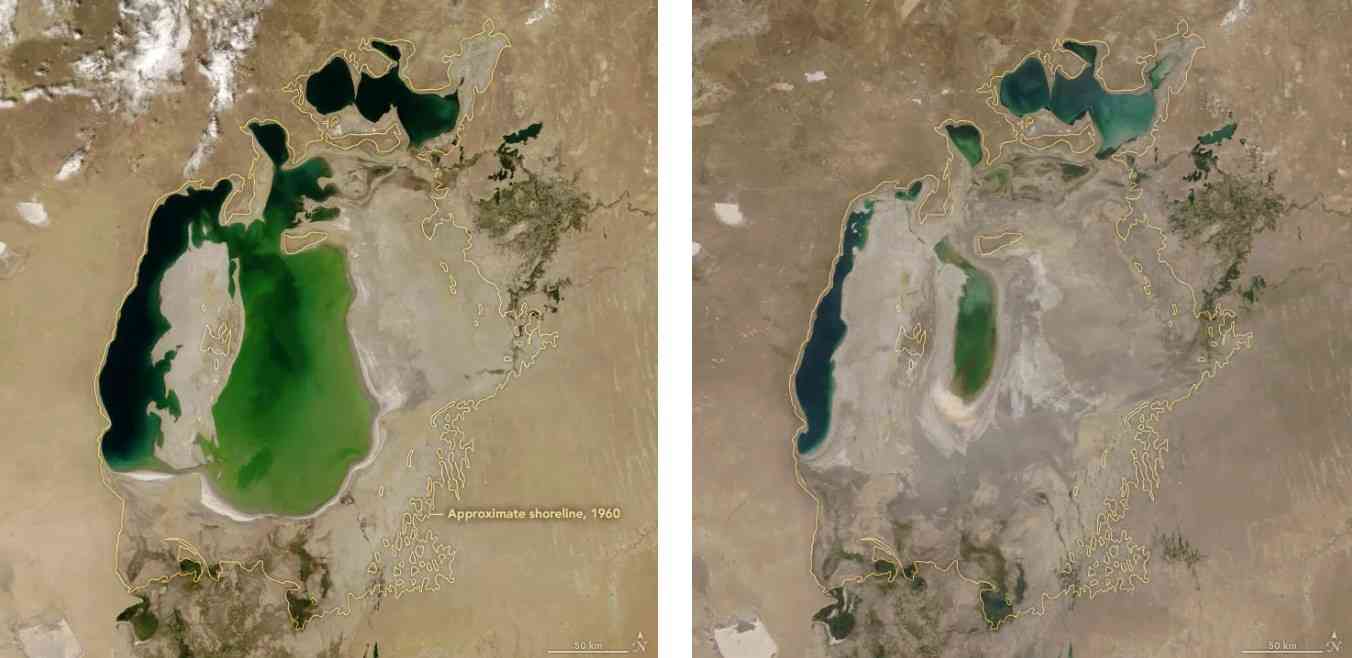 Satellite images of the Aral Sea between 2008 to 2018 showing the collapse of water levels