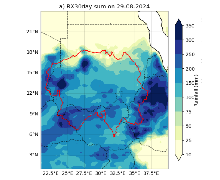 A map showing accumulated precipitation during the wettest period of the year over the Chad Basin.