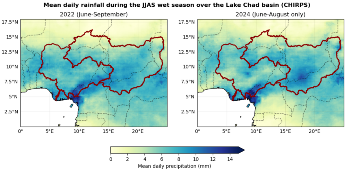 A map showing the mean daily rainfall during the JJAS wet season over the Chad basin in Africa