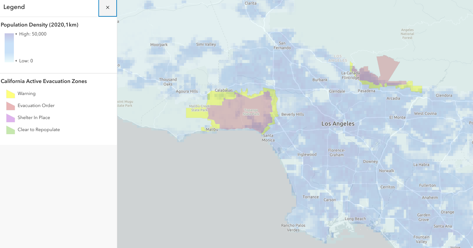 A map of fire evacuation zones and population density in Los Angeles