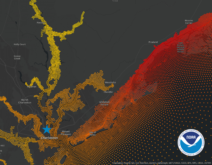 This image from CORA captures the full extent of maximum water levels in Charleston caused by Hurricane Hugo in 1989.
