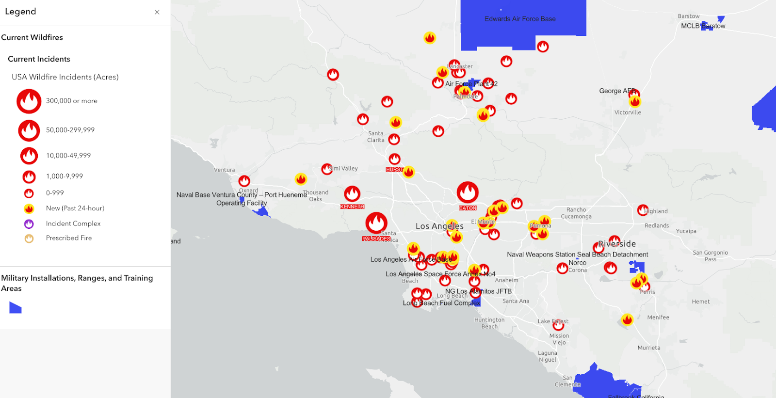 Wildfire incidents as of 15 January, 2025 and active military facilities