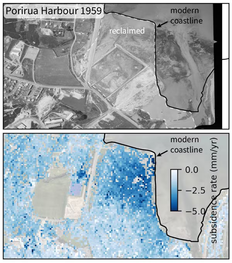 Satellite images of reclaimed land in New Zealand that are experiencing subsidence