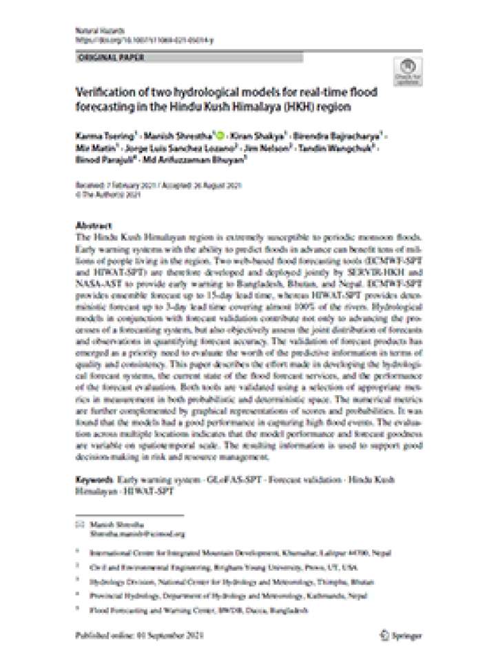 Verification of two hydrological models for real-time flood forecasting in the Hindu Kush Himalaya (HKH) region