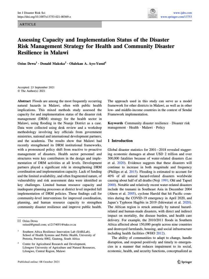 Coverpage of "Assessing capacity and implementation status of the Disaster Risk Management strategy for health and community disaster resilience in Malawi"