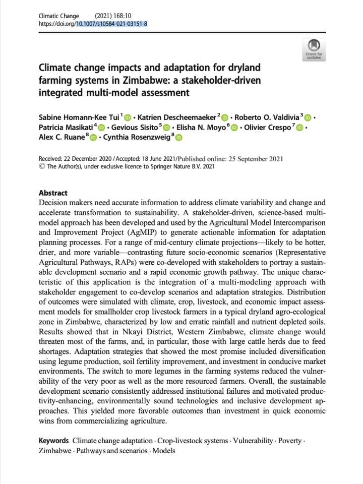 Coverpage of "Climate change impacts and adaptation for dryland farming systems in Zimbabwe: A stakeholder-driven integrated multi-model assessment"