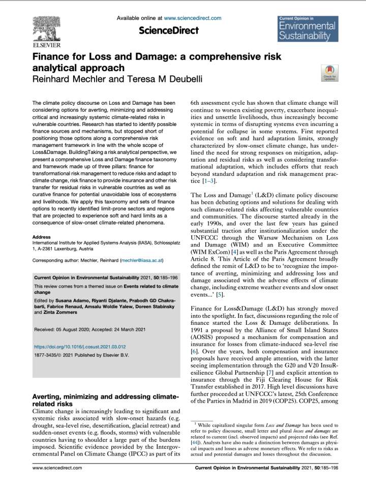 Coverpage of "Finance for loss and damage: A comprehensive risk analytical approach"